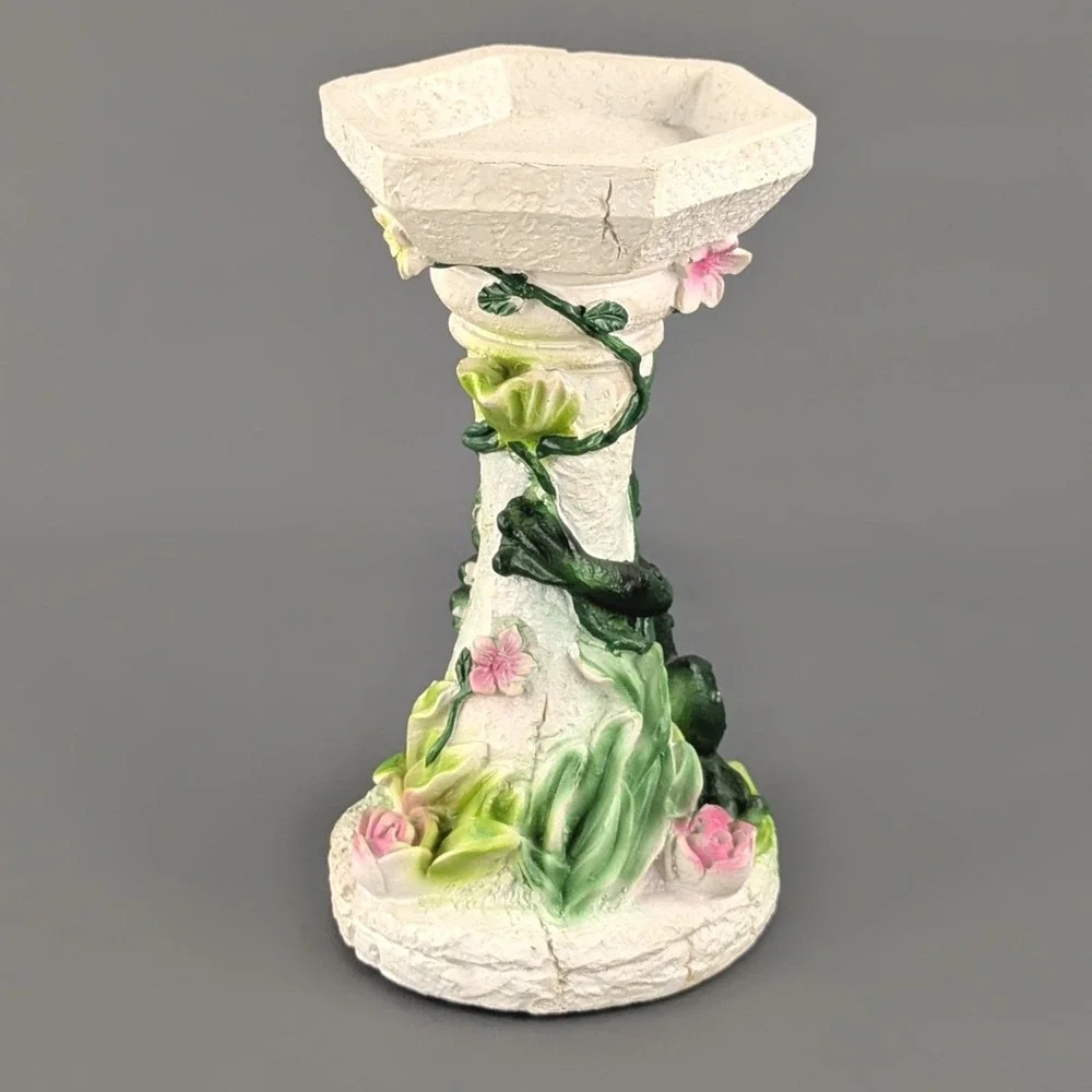 Vintage Frog and Rose Resin Pedestal Candle Holder Garden Decor 8.5 Inch